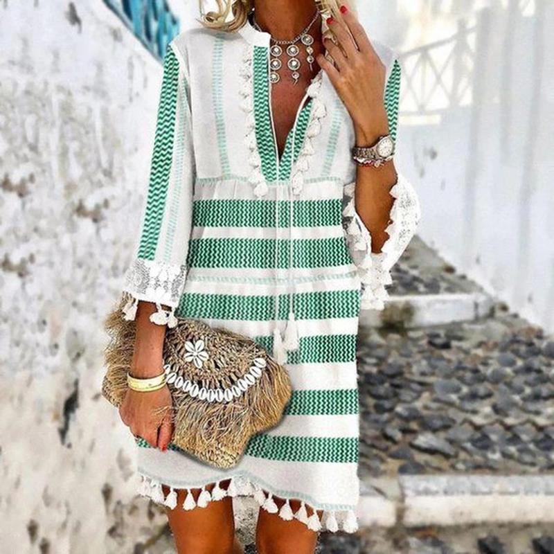 Casual print stripe fringe V-neck mini dress