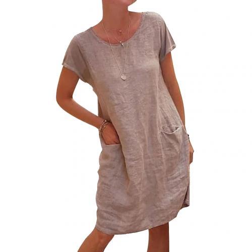 2021 Summer Autumn Women Casual Solid Color Short Sleeve O Neck Pockets Loose Cotton Linen Dress Women's Clothing vestidos