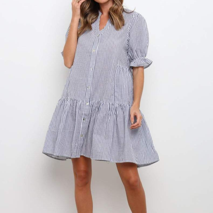 2021 New Short Sleeve Women Shirt Dress Striped Buttons Beach Dress Summer Ladies Casual Ruffles Mini Dress Vestidos