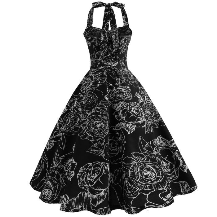 Strapless Women Summer Dress 2020 Robe Vintage Pin Up Floral Print Halter Swing 1950s 60s Retro Rockabilly Party Dresses