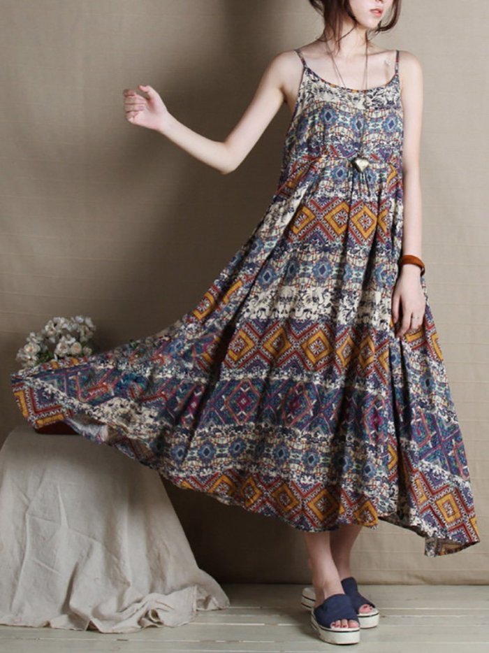 Bohemian Off-Shoulder Bare Back Printed Colour High-Waist Dress