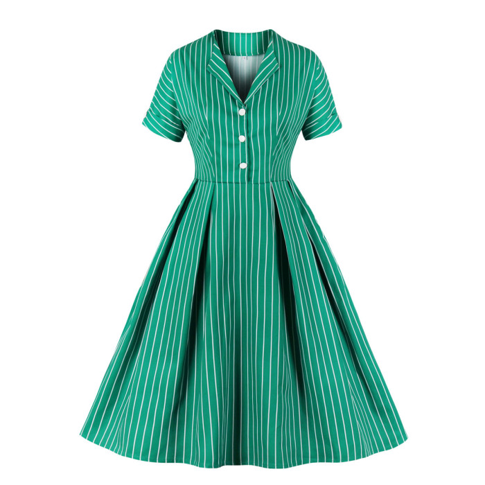 Tonval V Neck Button Up Striped Vintage Clothes Women Short Sleeve Green Elegant Pocket Side A Line Shirt Dress