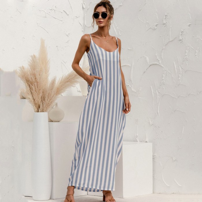 Suspenders Striped Backless Loose Big Swing Beach Dress Women Fashion Off Shoulder Sleeveless Summer Dresses Blue Vestidos