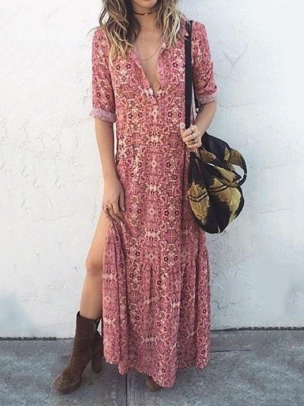Sexy V Neck Floral Printed Side Split Vacation Maxi Dress