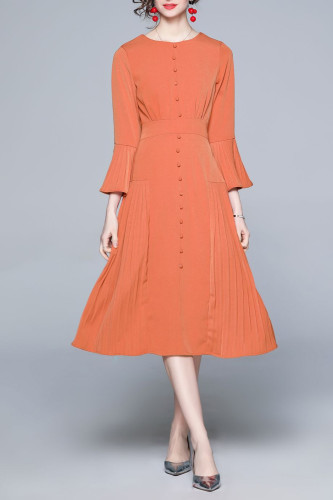 Elegant Flare Sleeve Party Dress Vintage Midi Pleated Dress