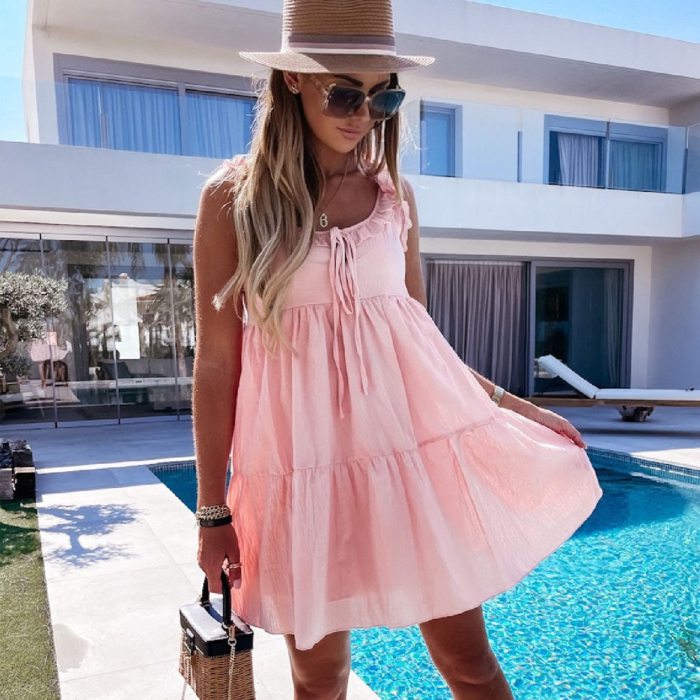 Women Summer Dress Casual Loose Lace Up Ruffl Spaghetti Dresses For Woman Fashion Elegant Ladies Clothes Robe Femme 2021
