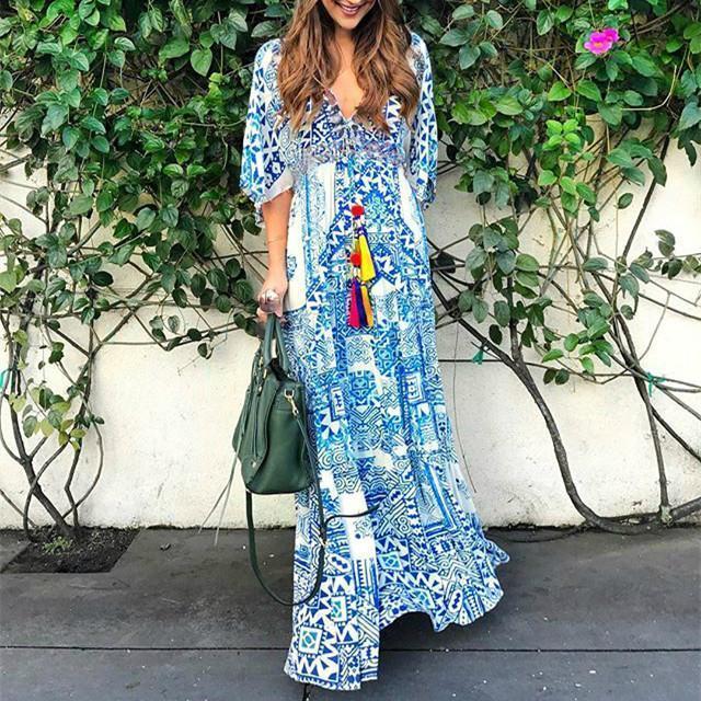 Cloud Catcher Blue Print Maxi Dress