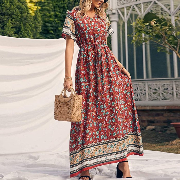 Bohemian Loose Dress Women’s Summer Foral Printing Short Sleeves Maxi Dress Sexy V Neck Pleated Beach Plus Size Long Dress