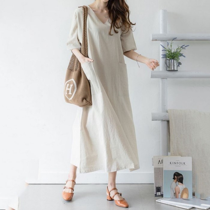 Women Maxi Dress Summer Casual Office Ladies Japan Style Cotton Linen Loose Shirt Dress Korean Daily Simple Solid Girl Dresses