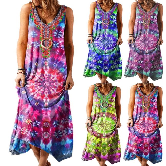 2021 Spring Women Relaxed National Style Dress Large Big Printed Line Summer Boho Casual Party Elegant Dresses Plus Sizes