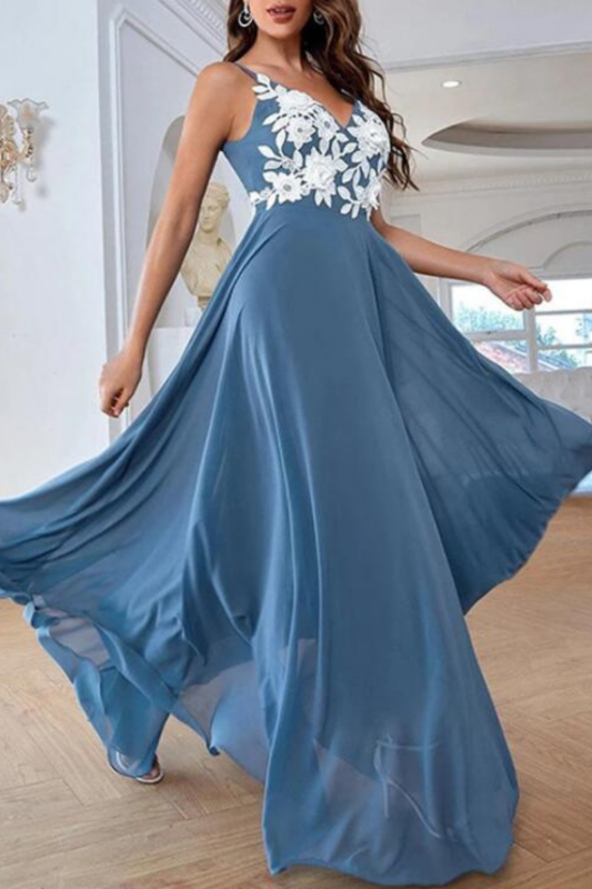 Elegant Lace Flower Applique A-line Party Dress Summer Spaghetti Strap Blue Maxi Dress Sexy V-neck Party Night Dresses for woman