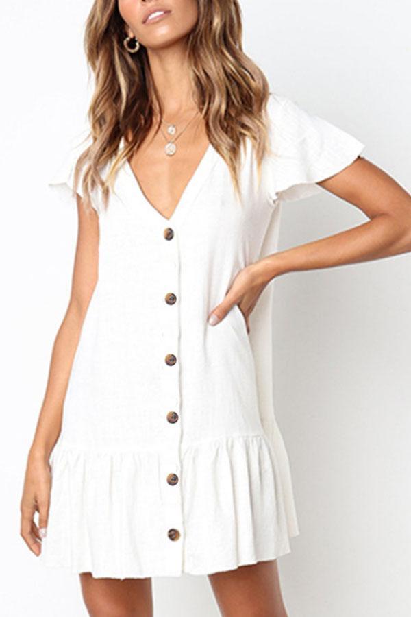 V Neck Single Breasted Plain Short Sleeve Mini Casual Dresses