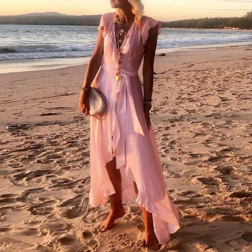 Women Casual Butterfly Short Sleeve Long Dress Spring Elegant V Neck Irregular Maxi Dress Summer Solid Ruffle Beach Dresses Belt
