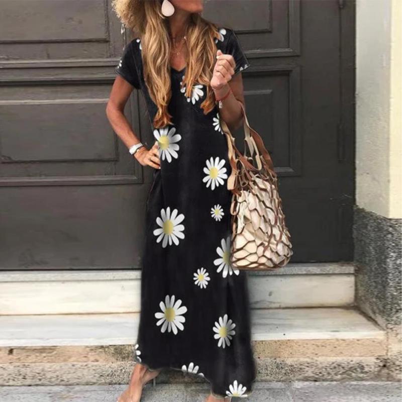 Lovely Daisy Print Short Sleeve Maxi Dress