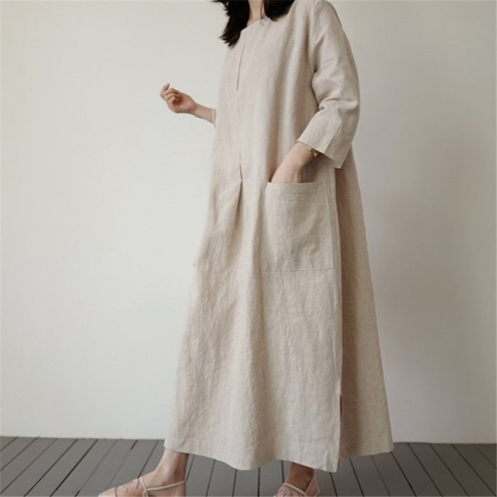 2021 Spring And Summer Round Neck Linen And Cotton Big Size Pocket Pullover Loose Long Dress Korea Styles 2A03812