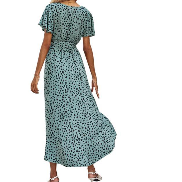Bohemian Women Summer Polka Print Dress Irregular Design Bandage Decor V-Neck Short Sleeve High Waist Slim Dress