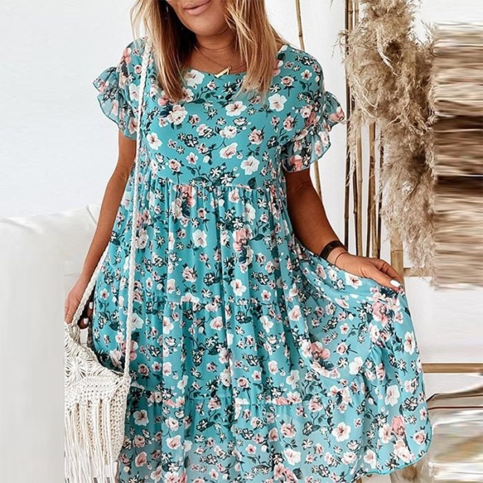 2021 Spring Summer Hot New Women Dress Fashion Print Short Sleeve A-Line Party Dress Elegant O Neck Loose Mini Dresses Vestidos