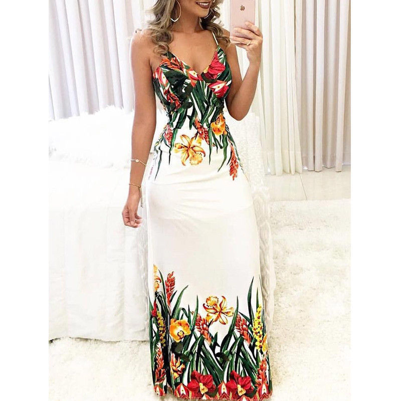 Women's Summer Beach Maxi Bohemian Floral Dress Strappy Evening Party Dress