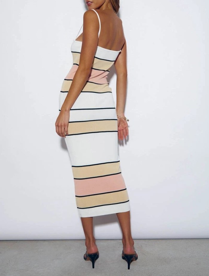 2021 Sexy Women Summer Striped Print Midi Dress Patchwork Design Sling Sleeveless Strapless Backless Slim Hips Pullovers Dress