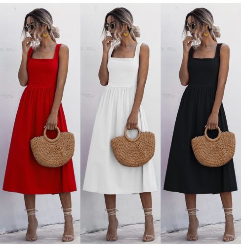 Women Long Dress Pleated Spaghetti Strap Clothes Sexy Backless Casual Summer Ruched Slip Midi Sundresses 2021 Ladies White Black