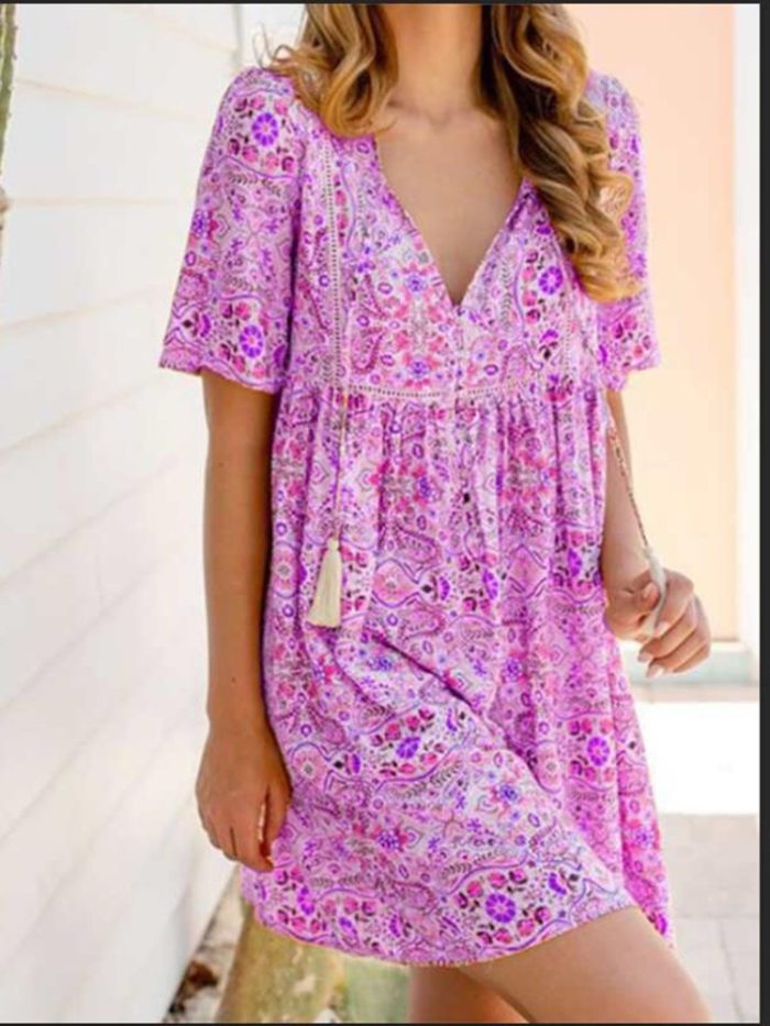 2021 Summer Women's Bohemian Print Short Sleeve Dress Outdoor Vacation Cool Sexy Loose Beach Dress