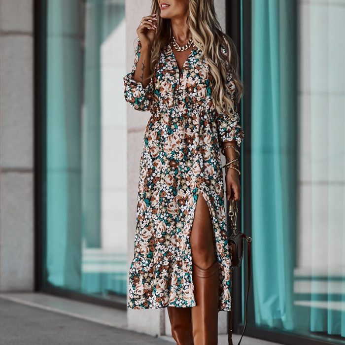 Summer New arrival Floral Pattern Slim Dress Casual Short Sleeve High Waist Dresses Female Sexy V-Neck Outdoor Colorful Dresses