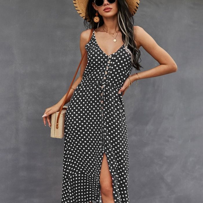 Summer Dress Strap V-Neck Cotton Sweet Dot Print Women Boho Dresses Ladies Sexy Beach Sundress 2022 New Vestido