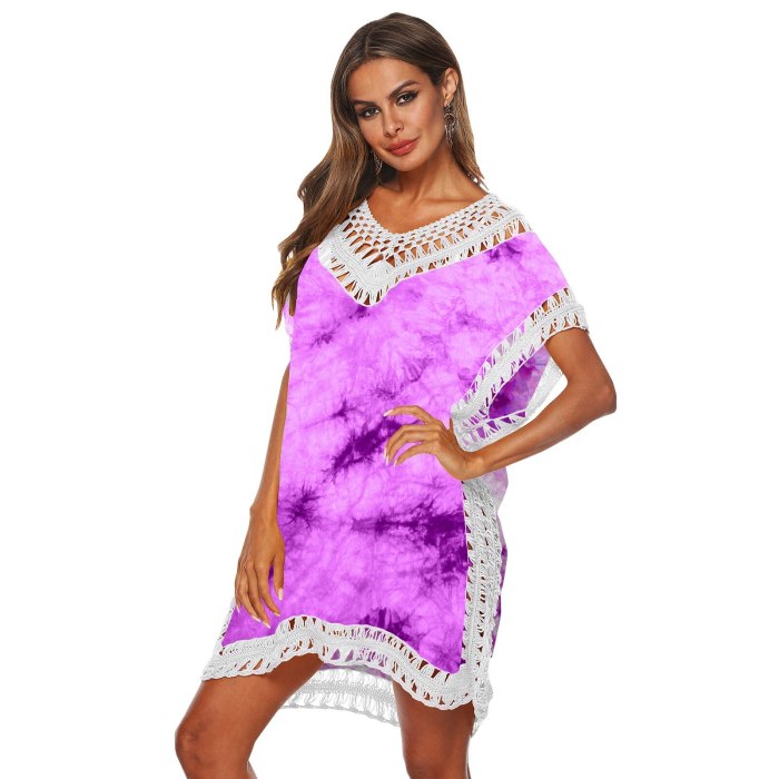 New 2021 top Spring Summer Wear Women Summer New Style Tie-Dye Hand Crochet Stitching V-neck Blouse Beach Dress robe платье