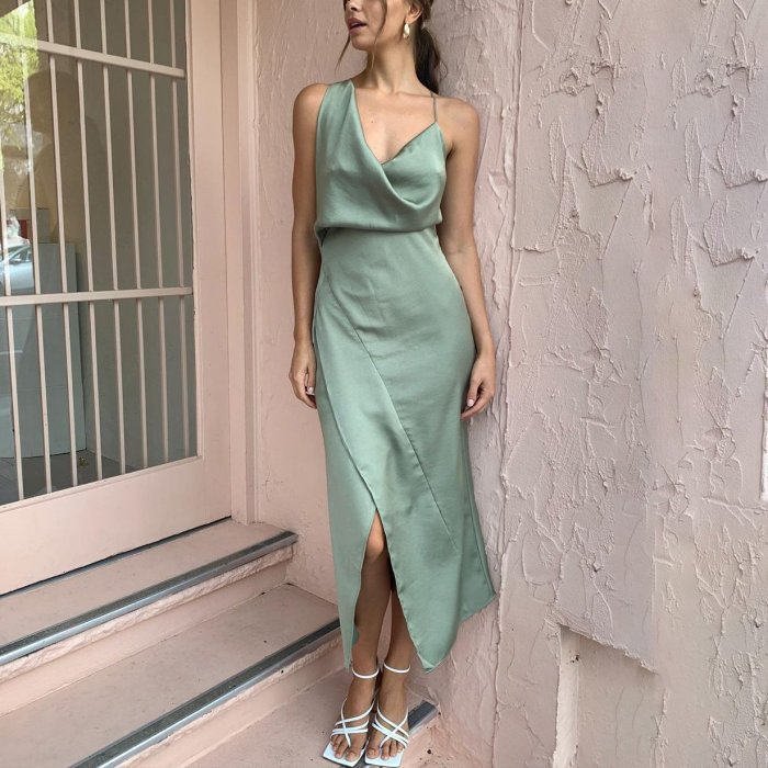 Sexy V Neck Slit Green Dress