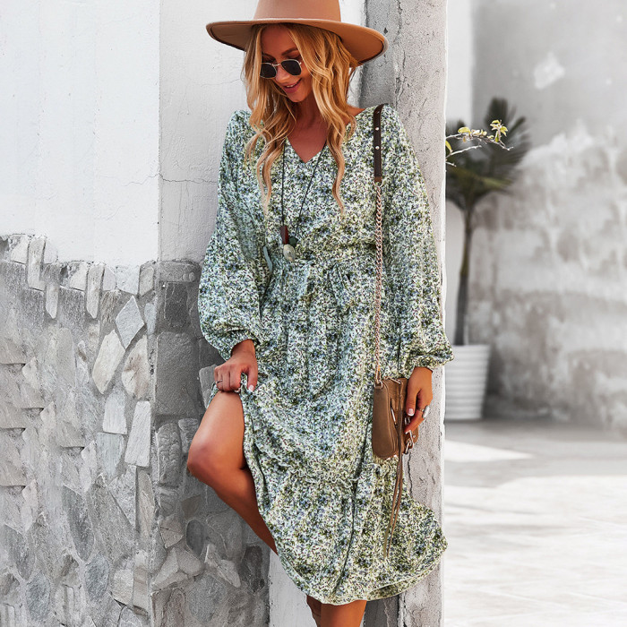 Autumn and winter women dress fashion V-neck swing Floral long sleeves high waist stitching vestidos