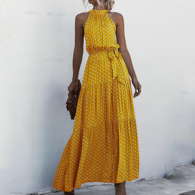 2021 Summer Long Dress Polka Dot Casual Midi Dresses Black Halter Strapless Yellow Sundress Vacation Dress Clothes For Women