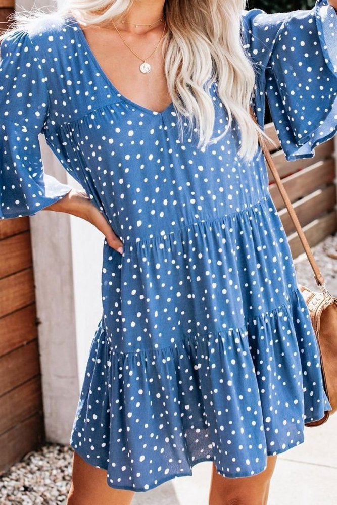 Summer Deep V-Neck Polka Dot Printed Wrinkle Dress