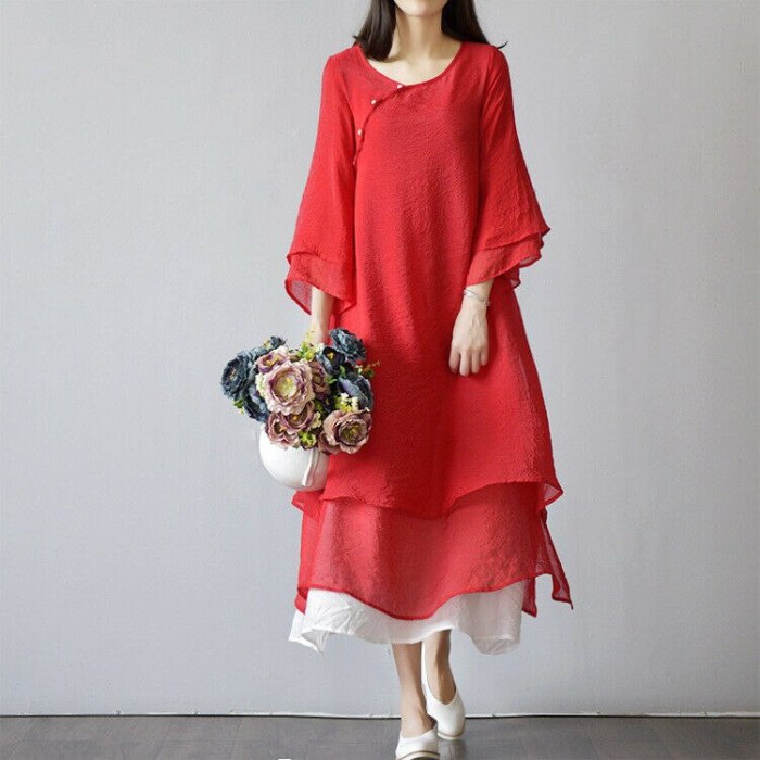 Women's Vintage Chinese classic dress loose solid color long sleeve dress Vintage Chinese classic spring and autumn robe dress