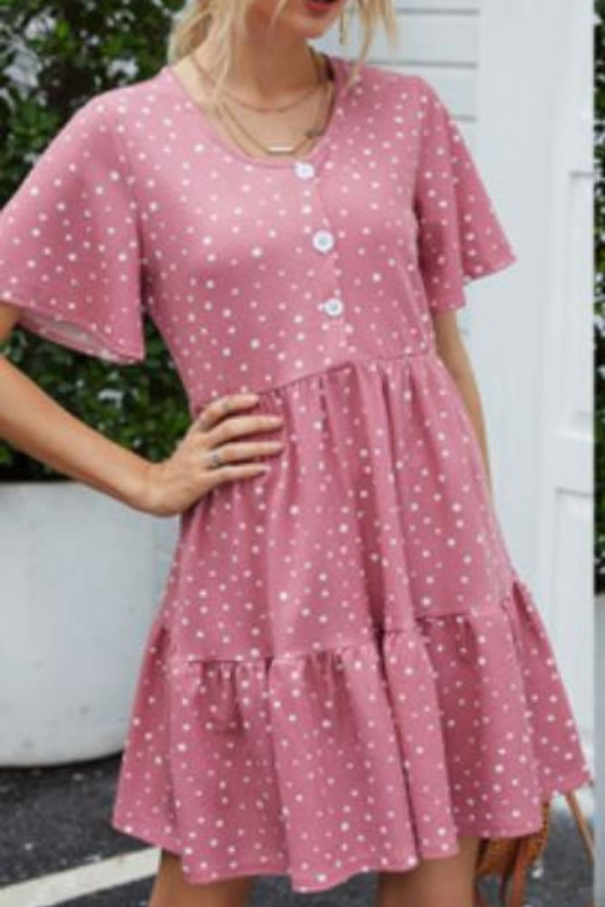 Women Dress Polka Dot Print Summer Short Sleeve Casual Mini Dresses O-neck Button Loose Pleated Vintage Beach Party Sundress