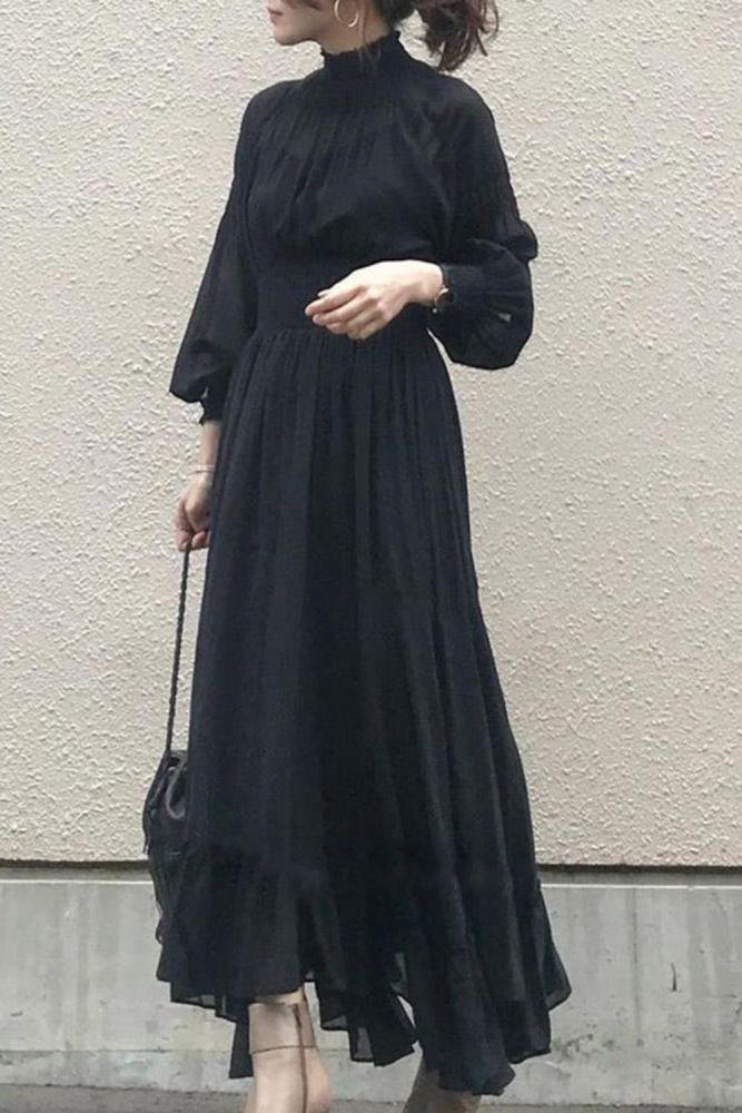 Stand Collar Black Dress Elegant Korean Fashion Pullover One Piece Long Sleeve High Waist Large Ruffle Maxi Dresses