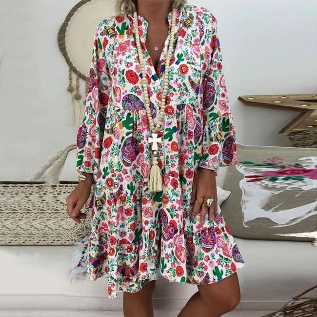 Bohemian Style Floral Print Long Sleeve Ruffled Mini Dress