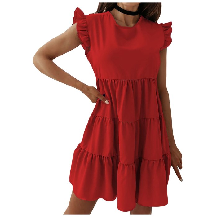 Summer Woman Mini Dress Ruffle Dress High Waist Basic Sleeveless Dress Elegant O Neck RED Fashion Ladies Clothing robe femme