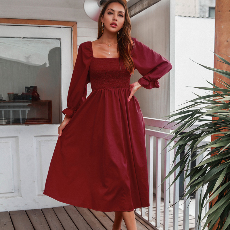 Casual Women's Solid Flared Long Sleeve Midi Dress 2022 Autumn Fashion Square Collar Big Swing Dresses Sexy Backless Women Dress