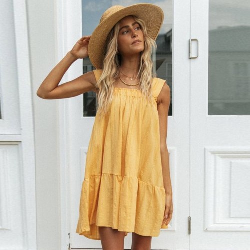 Sexy Spaghetti Strap Solid Color Loose Woman Dress Backless Lace Up Vintage Oversize Mini Dress Sweet Ladies Party Dress