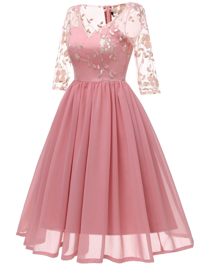 1950s Lace Embroidery Chiffon Dress