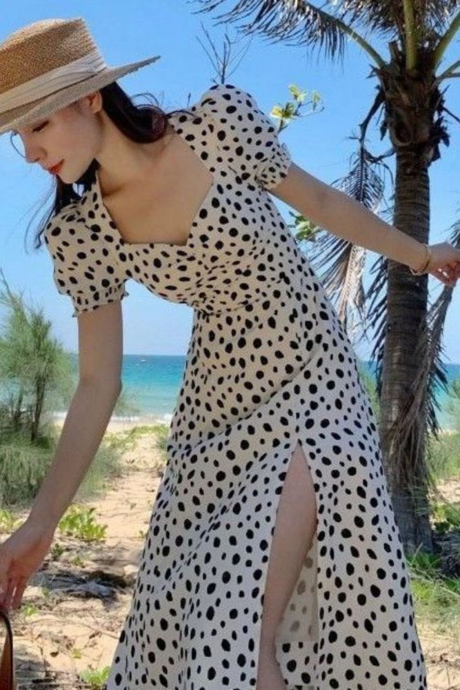 Dots Print Puff Short Sleeve Women Dress High Split Party Long Dresses Elegant Up Sweet Summer Club Sexy Dress