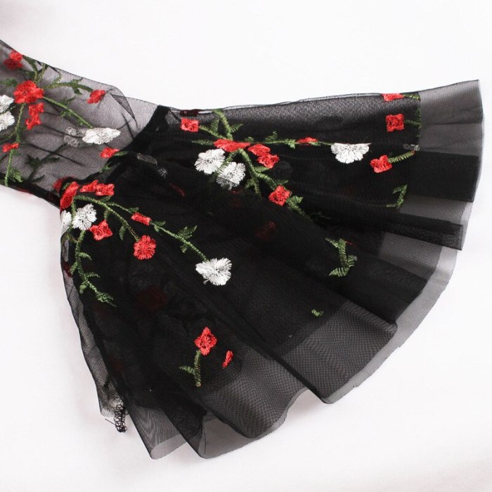 Tonval Floral Embroidered Mesh Long Sleeve Elegant Party Dress Vintage Women Turn-Down Collar Keyhole Black A-Line Mini Dresses
