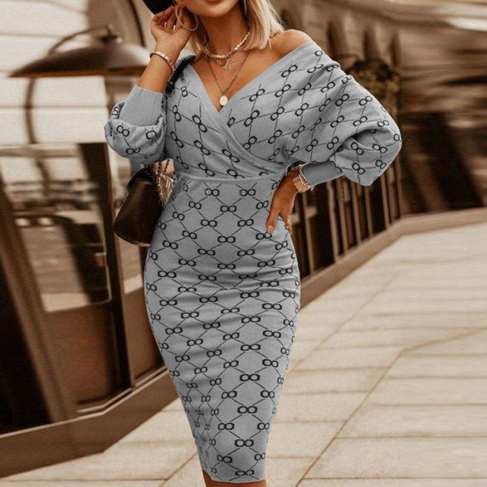 Women V Neck Lantern Sleeve Plaid Print Slim Bodycon Dress Elegant Fashion Casual Party Knit Pencil Dresses