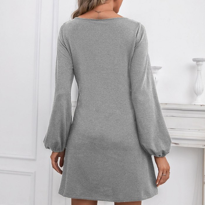 Fashion Long Lantern Sleeve Mini Dress Women 2021 Autumn Winter New O Neck Lace Up Solid Color Vestido Casual Dress Robe Femme