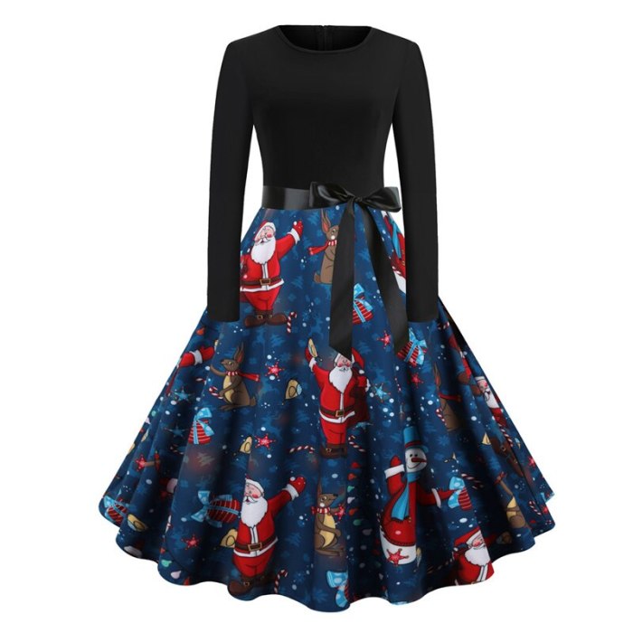 Tonval Black and Sky Blue Two Tone Elegant Vintage Christmas Clothes Women O-Neck Winter Party Belted A-Line Dress