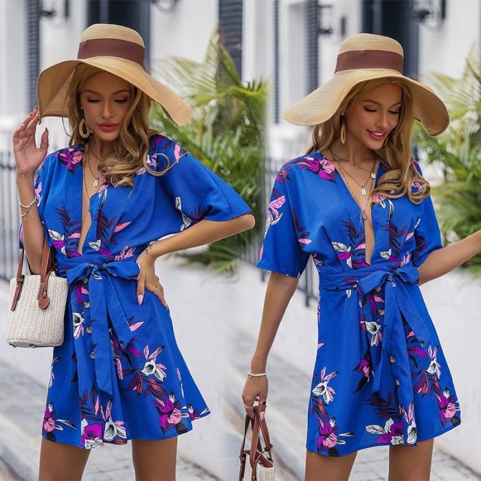 New Chiffon V-neck Lace Up Short Sleeve Print Dress For Summer / Spring 2021