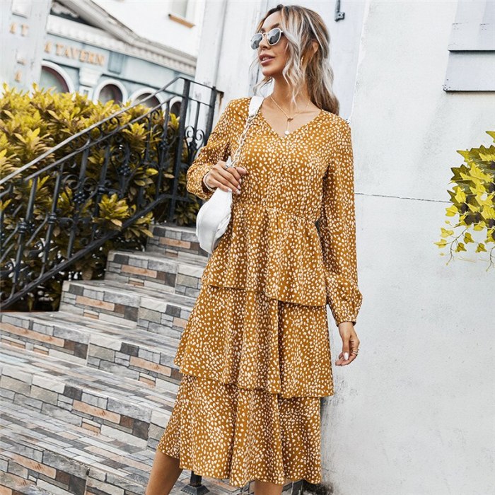 Autunm Winter Fashion Cascading Ruffle Print Dress Women 2021 New Casual Full Sleeve Slim Mid Calf Dress Female Office Lady