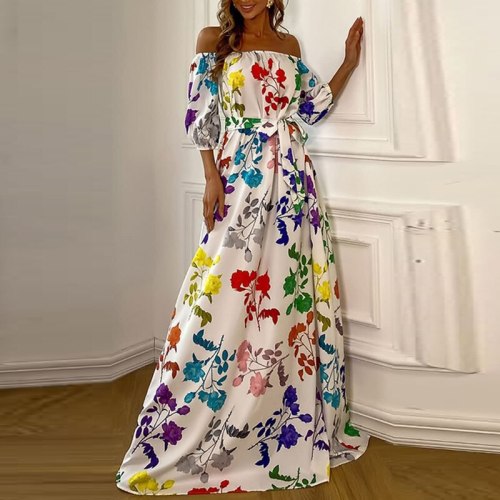 Spring Half Sleeve Tie-up Casual Dress New Summer Off Shoulder Loose Boho Maxi Dress Women Elegant Floral Print Long Party Dress