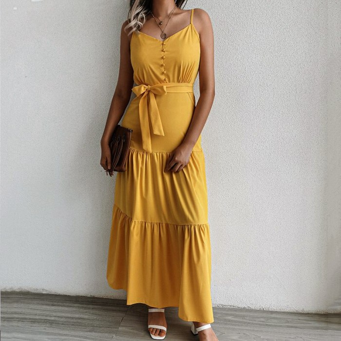 Holiday boho Dress summer new women's personalized button V-neck stitching suspender dress 2021 maxi dresses for women vestido