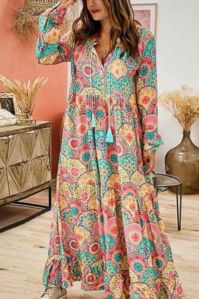 Plus size boho hippie chic verano Women bohemian tassel long sleeve v neck print loose maxi dress 2020 Vintage dress